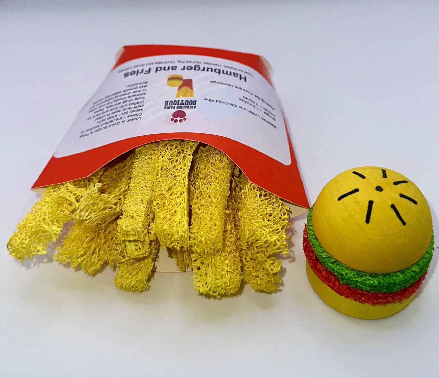 Loofah, Wood Burger and Fries Chews. Rabbit Treat, Chinchilla Treat, Hamster Treat, Guinea Pig Treat, Rodent Treat and Small Animal Treat.10