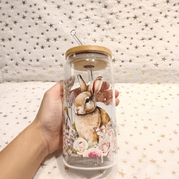 16 oz Tumbler Glass Rabbit Flower Art Theme Cup . The perfect Rabbit Lover Moms Gift. The ultimate companion for all your sipping pleasures - Image 2