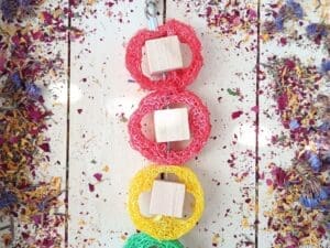 Hanging Cage Loofah and Wood Cubes Treat and Toy for Rabbit, Chinchilla, Hamster, Guinea Pig and Small Animals.