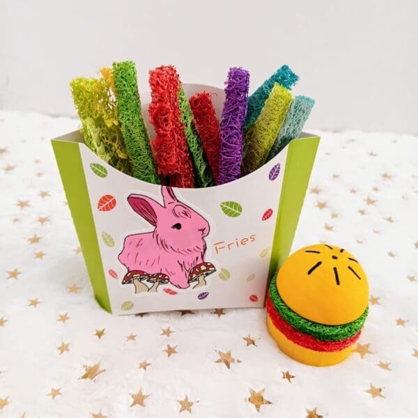 Multi-Flavored Hamburger and Loofah Fries Chews for Rabbit, Chinchilla, Hamster, Guinea Pig and Small Animals.