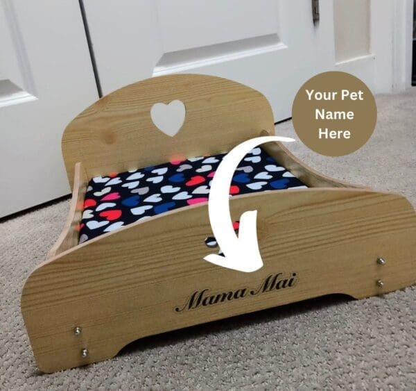 Rabbits & Heart Design Padded Cushion and Wooden Pet Bed with Detachable Parts for Indoor Use.